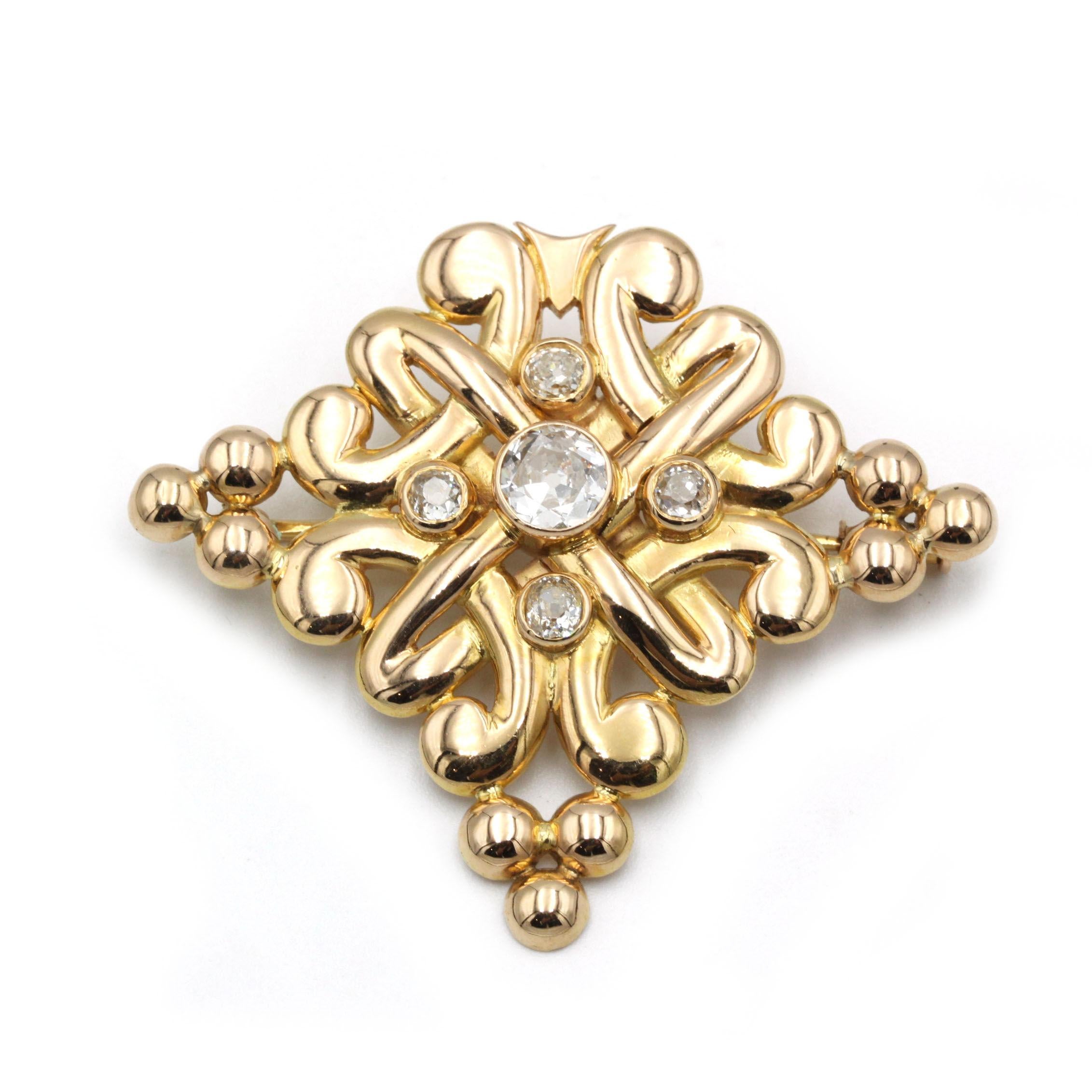 French Victorian (c. 1880–1900) 18K Gold & Antique Diamond Fleuron Brooch In Good Condition For Sale In MONTMORENCY, FR