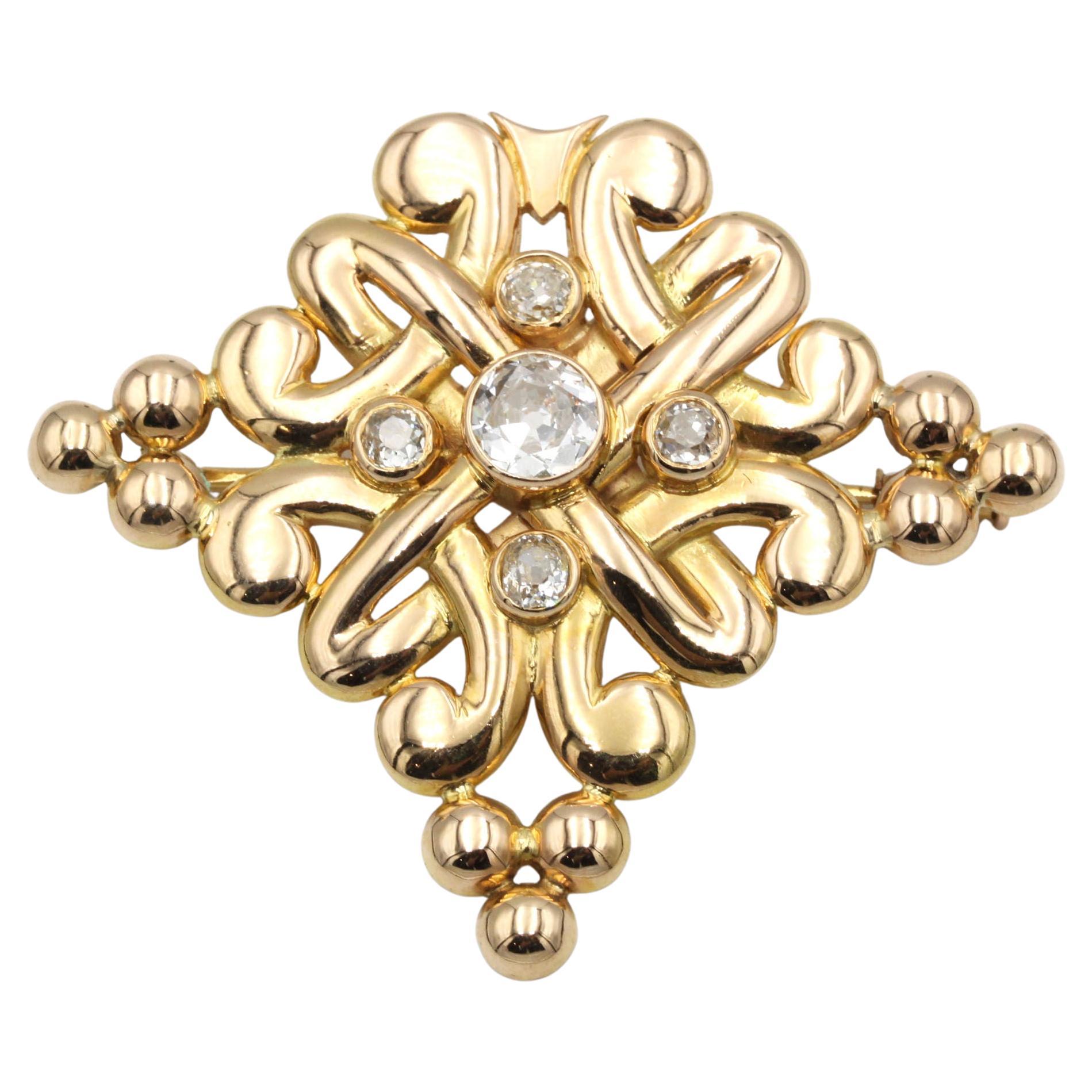 French Victorian (c. 1880–1900) 18K Gold & Antique Diamond Fleuron Brooch