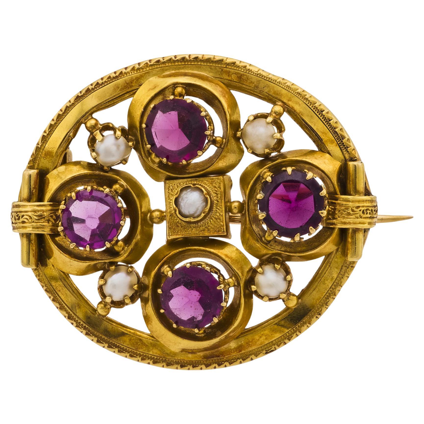Französische viktorianische Karat Amethyst Perle 18k Gelbgold Brosche
