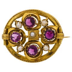 French Victorian carat amethyst pearl 18k yellow gold brooch