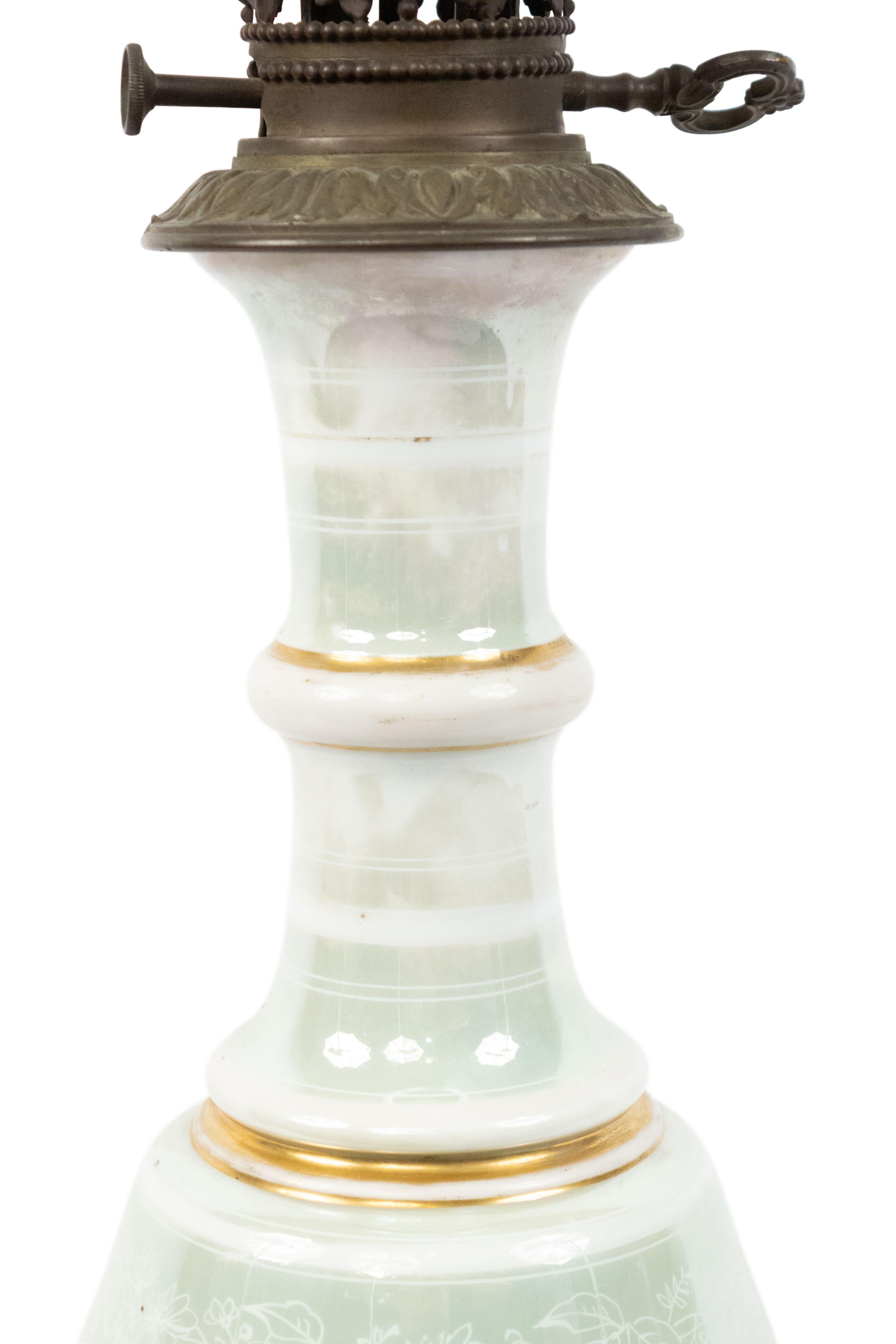 Glass Pair of French Victorian Celadon and Porcelain Oil Lamps For Sale