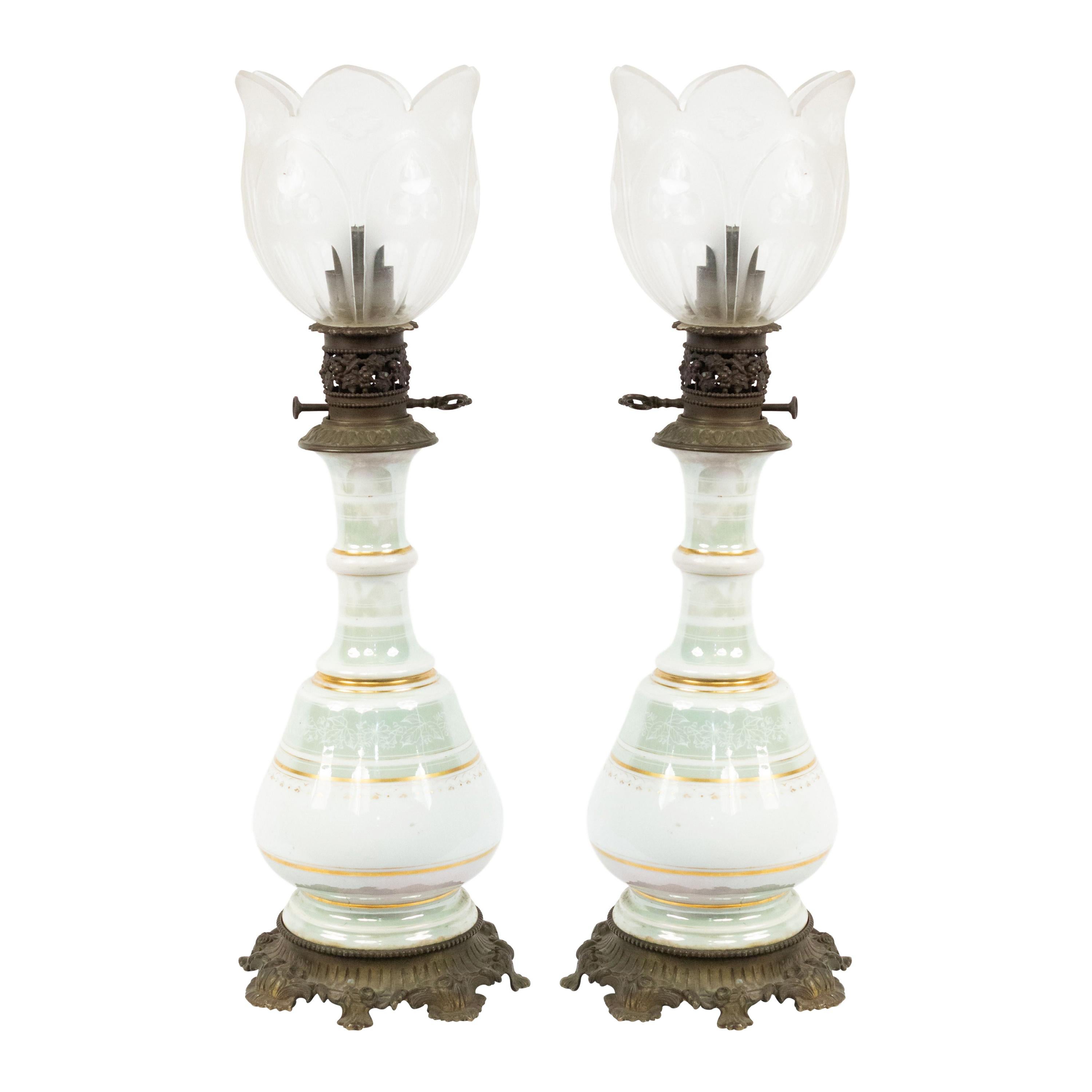 Pair of French Victorian Celadon and Porcelain Oil Lamps For Sale