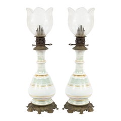 Pair of French Victorian Celadon and Porcelain Oil Lamps