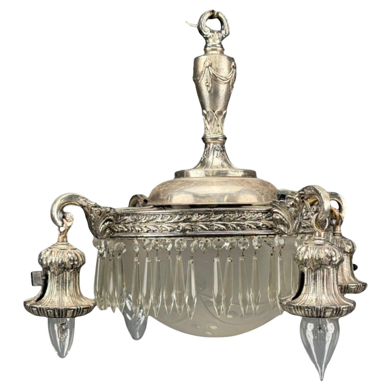Lustre victorien français, verre gravé, plaqué argent, 19e siècle en vente