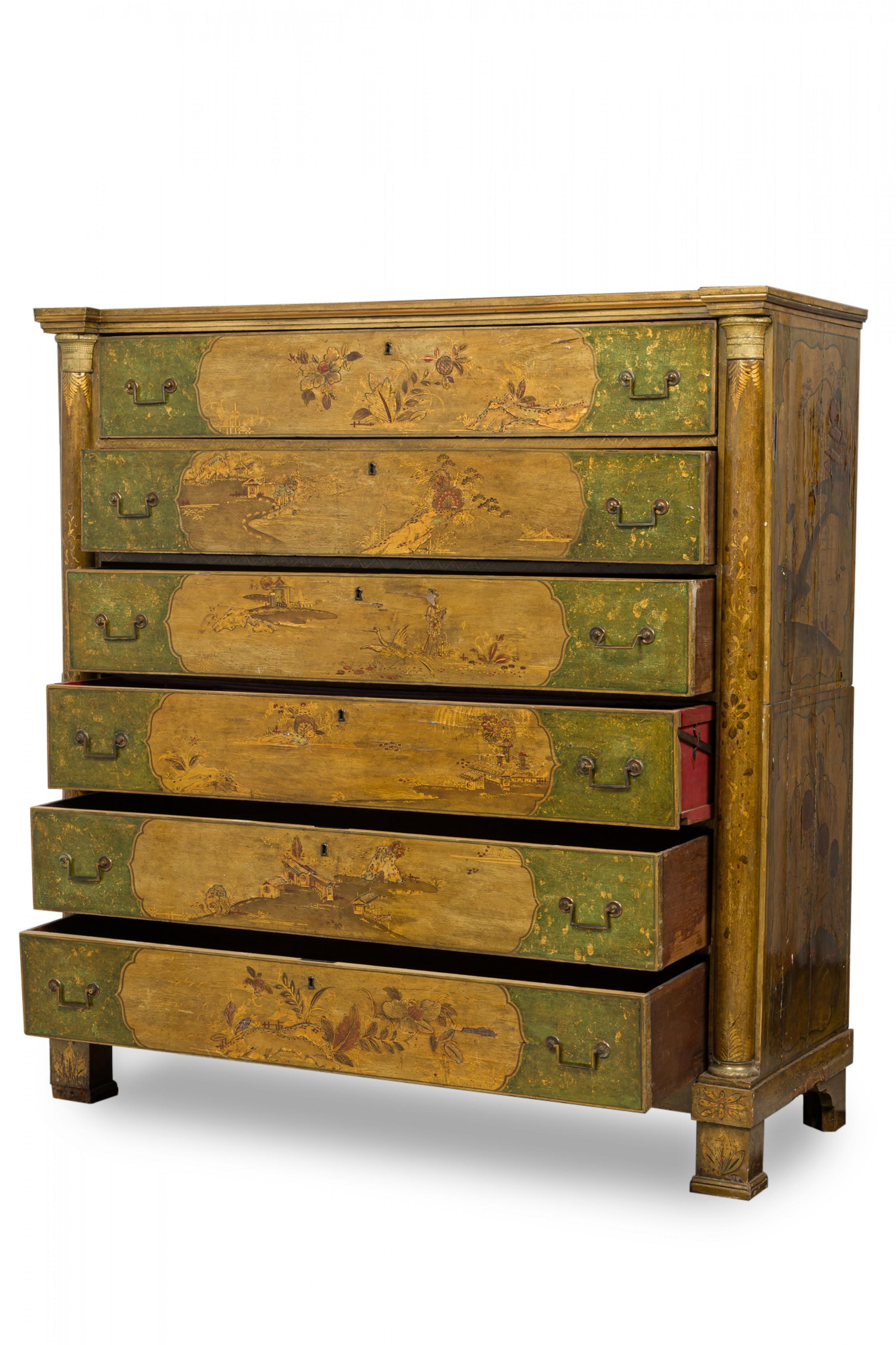 Giltwood French Victorian Chinoiserie Gilt, Painted, and Lacquered 6-Drawer Chest Dresser For Sale