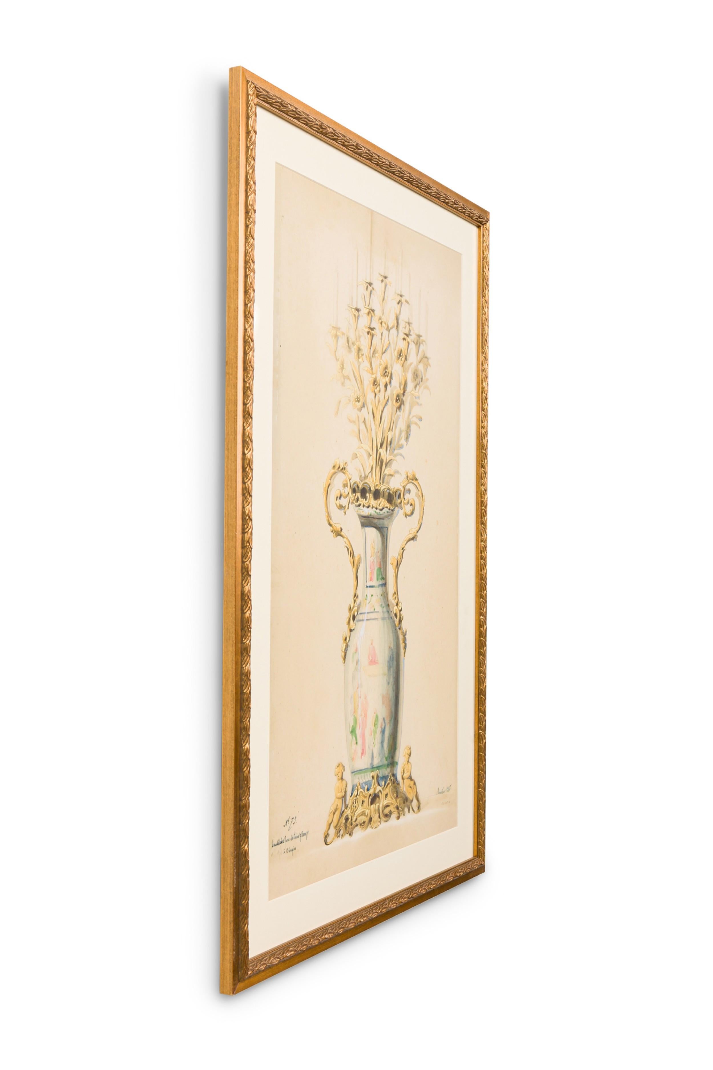 Französischer viktorianischer Farbdruck einer blau-goldenen Vase in einem goldenen Rahmen (signiert)