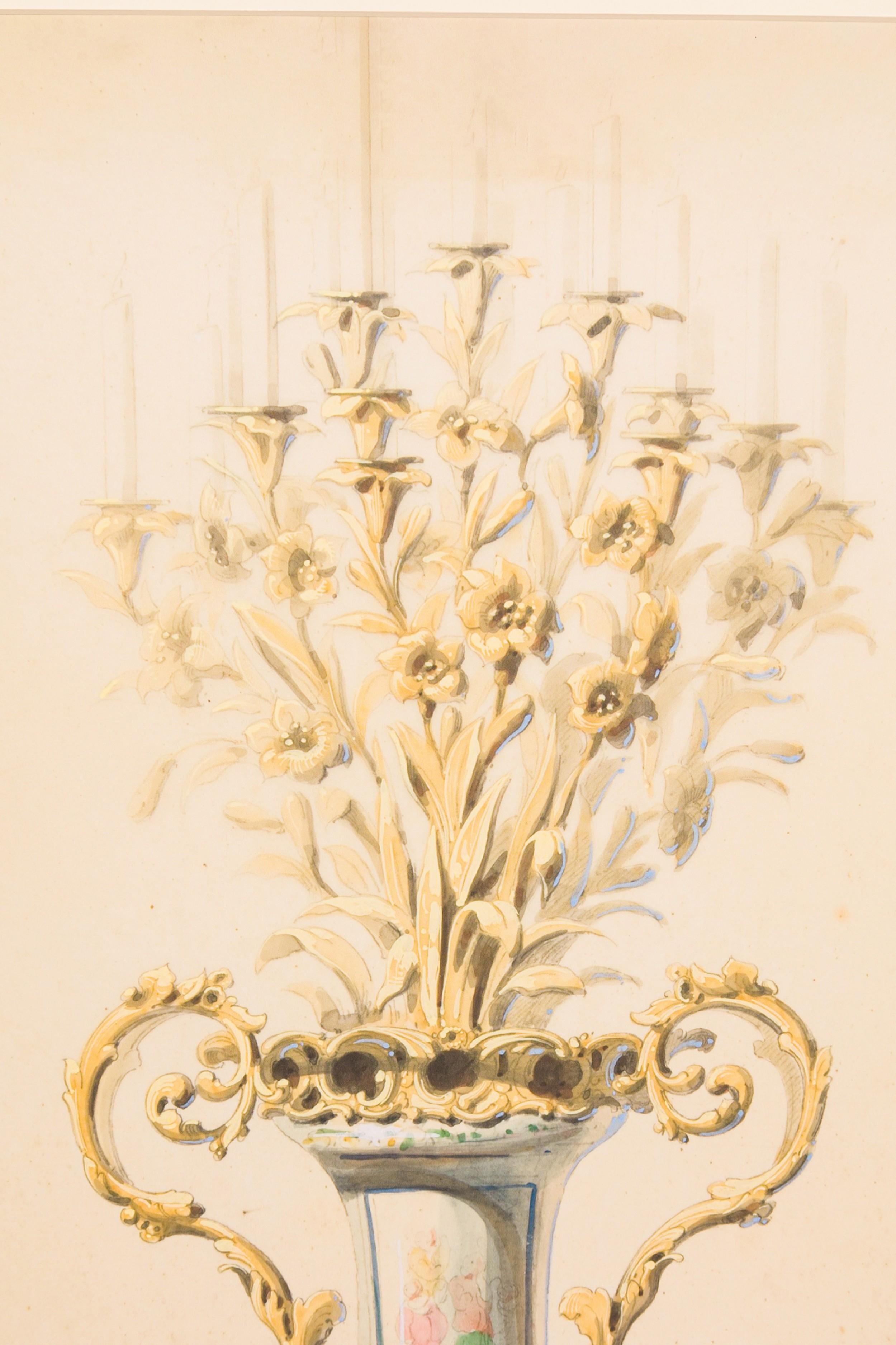 French Victorian Colored print of a Vase (Gold) im Angebot