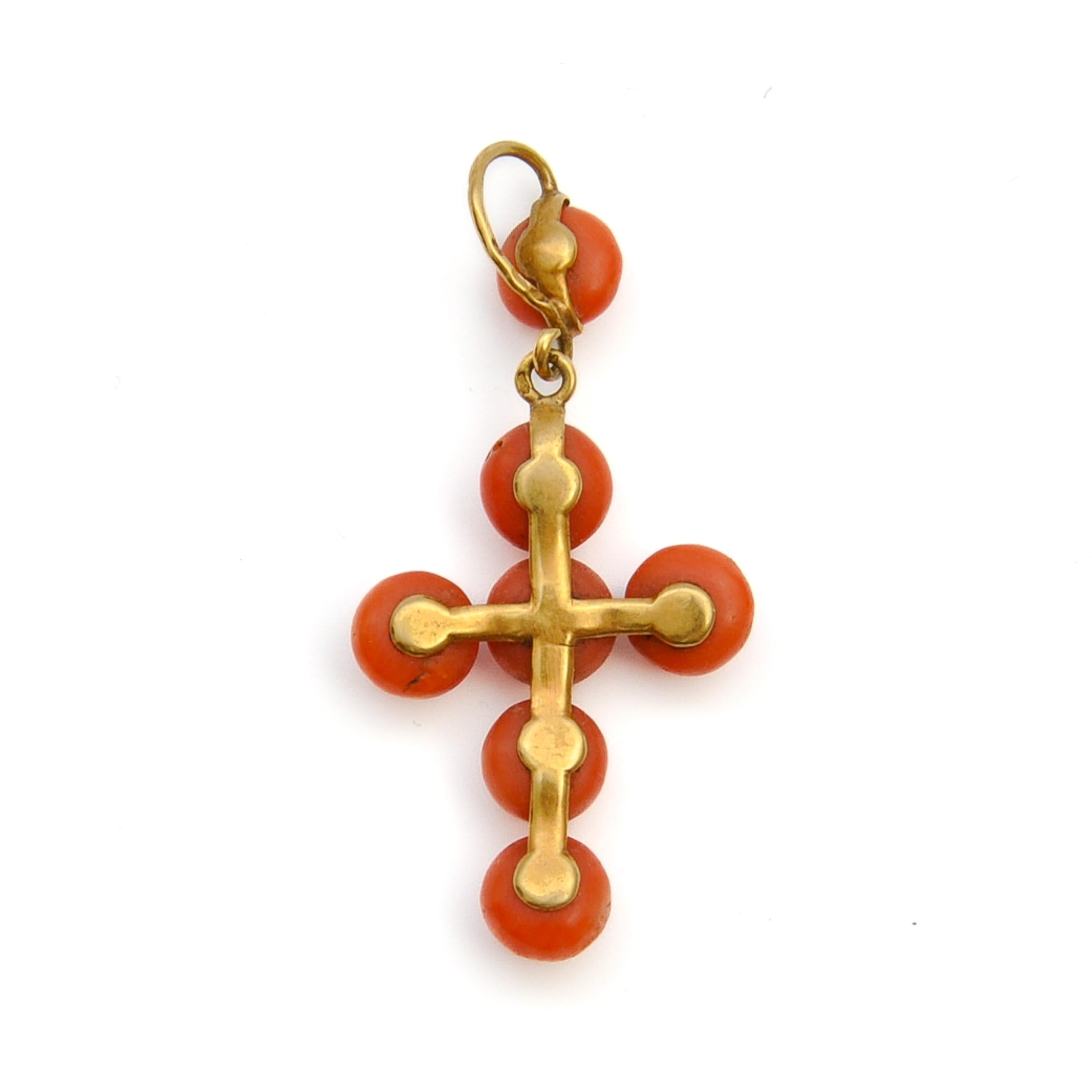 Antique Victorian Coral Bead 18K Gold Cross Pendant For Sale 3
