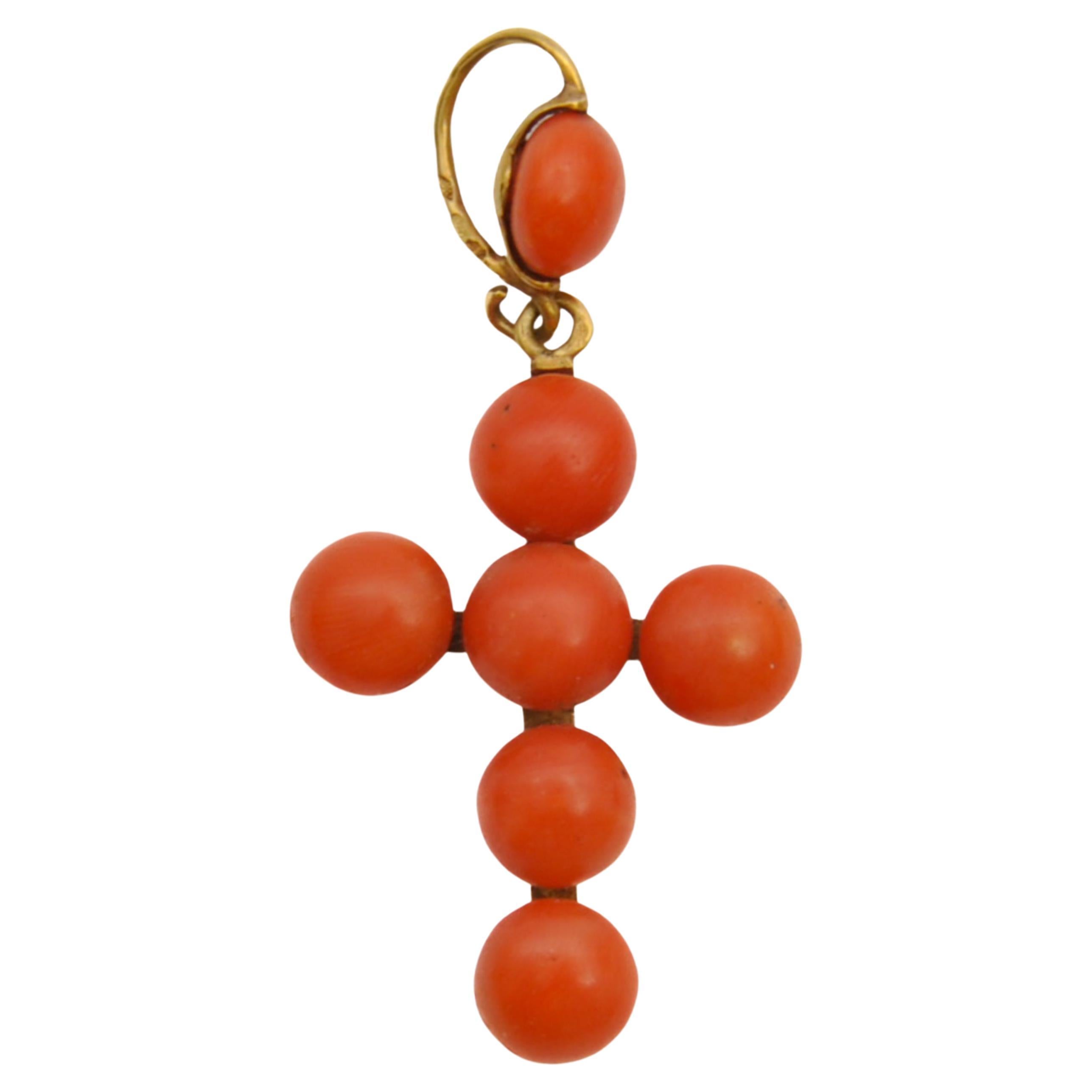Antique Victorian Coral Bead 18K Gold Cross Pendant For Sale