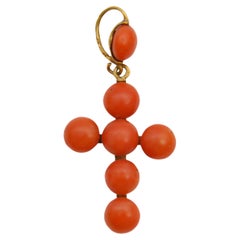 Antique Victorian Coral Bead 18K Gold Cross Pendant