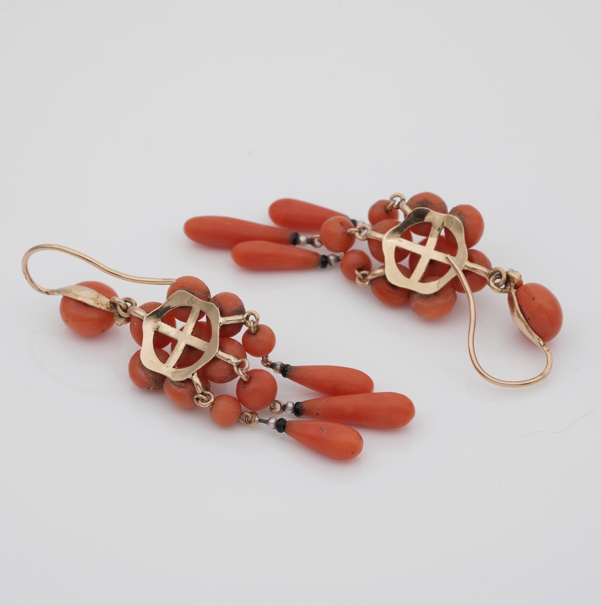 French Victorian Coral Earrings and Brooch suite 18 KT For Sale 3