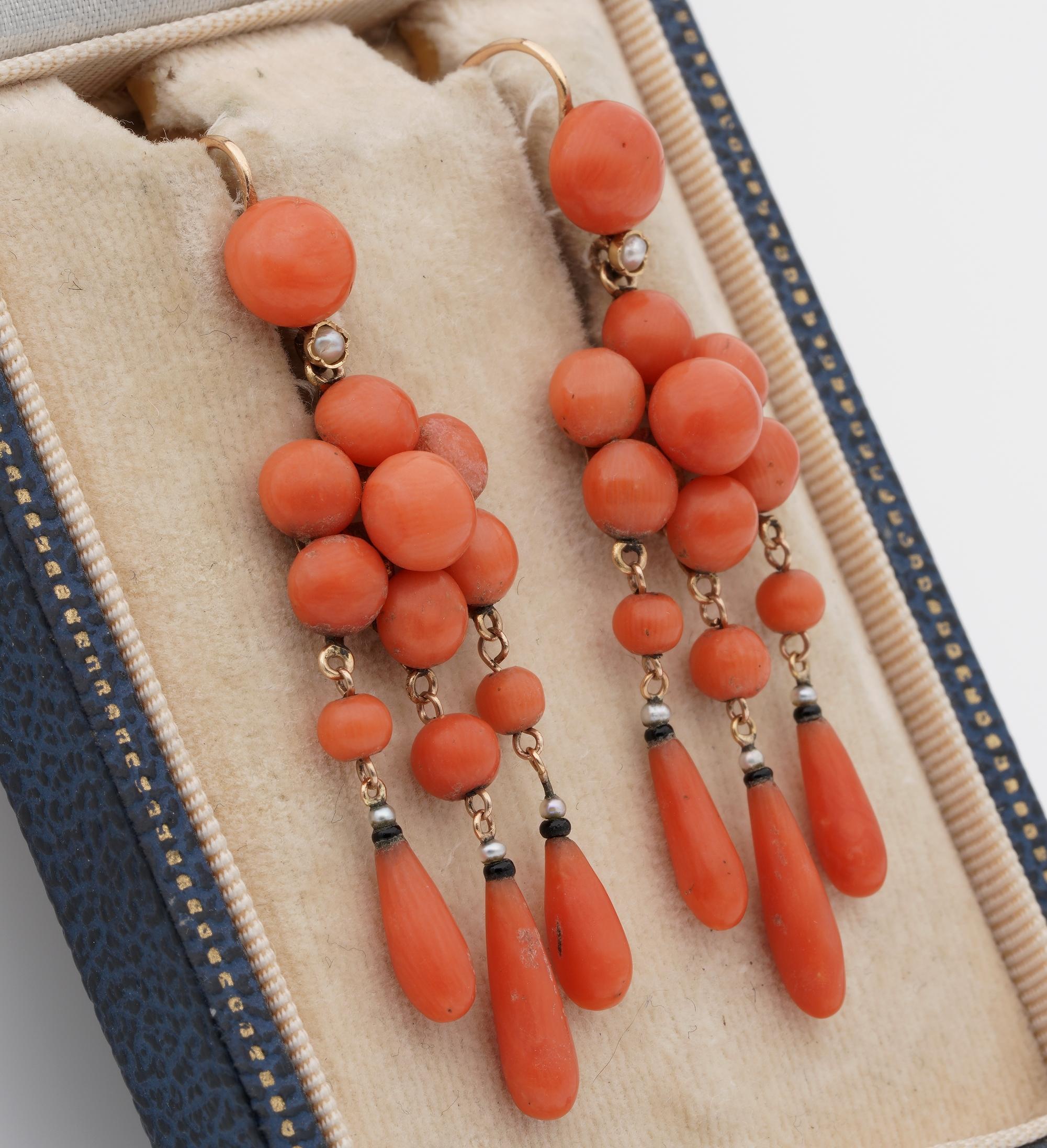Cabochon French Victorian Coral Earrings and Brooch suite 18 KT For Sale