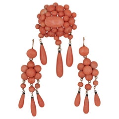 French Victorian Coral Earrings and Brooch Suite