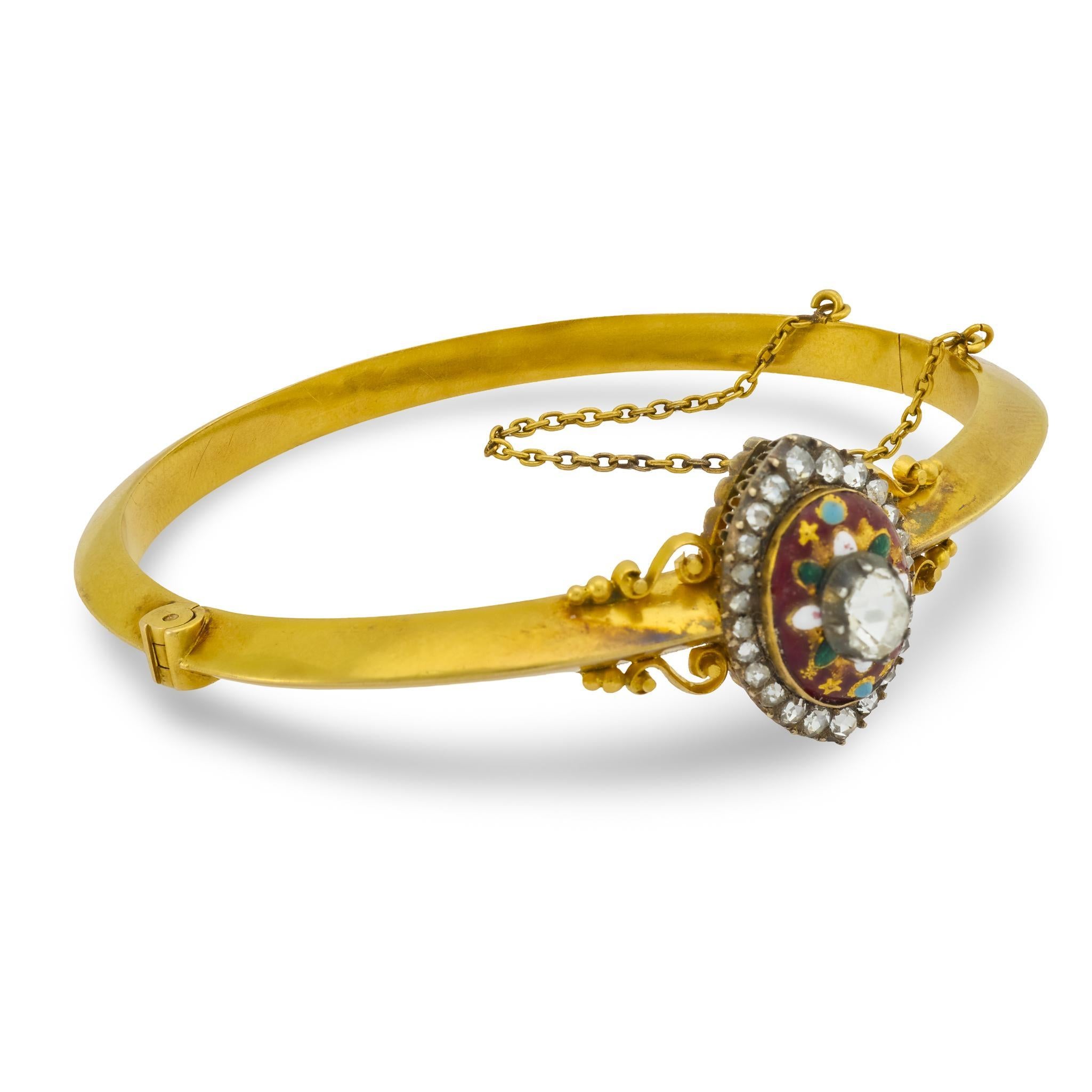 Rose Cut French Victorian diamond 18k yellow gold and enamel bracelet For Sale