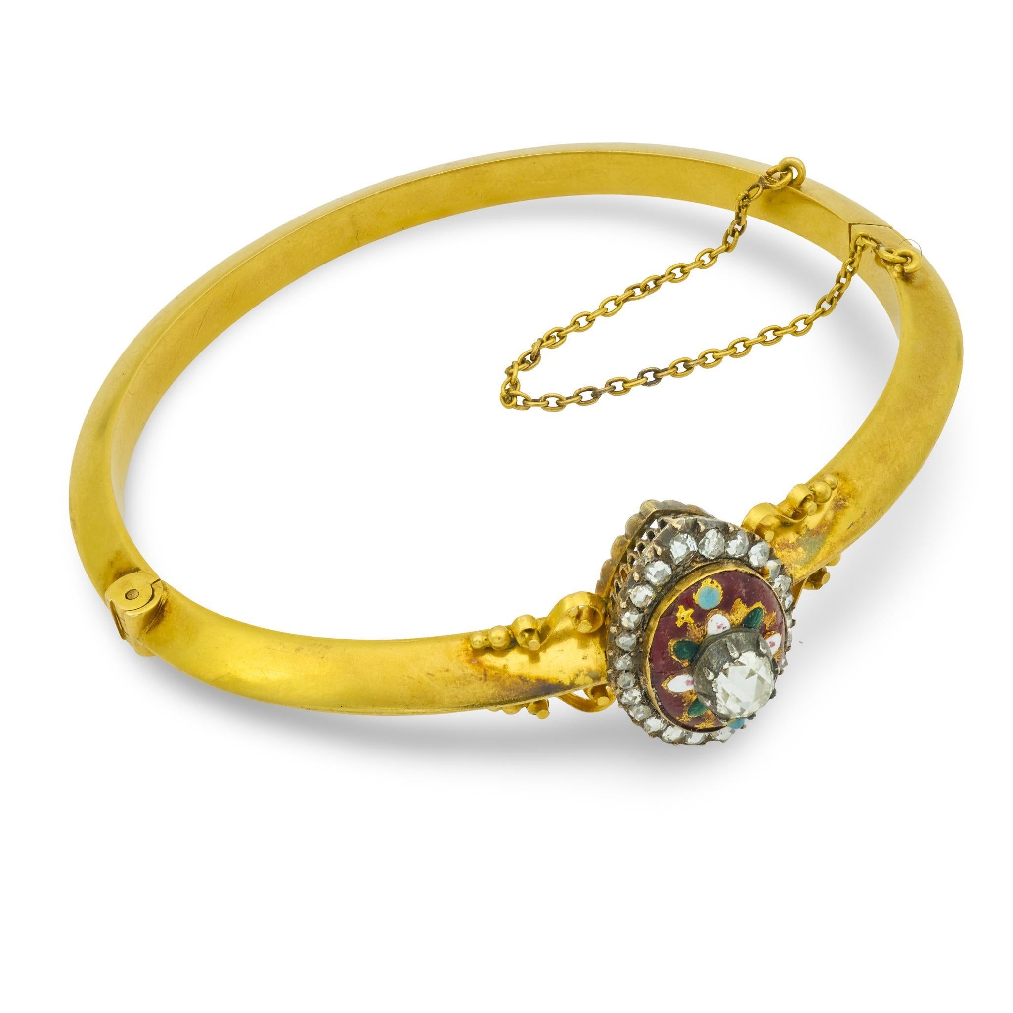 Women's French Victorian diamond 18k yellow gold and enamel bracelet For Sale
