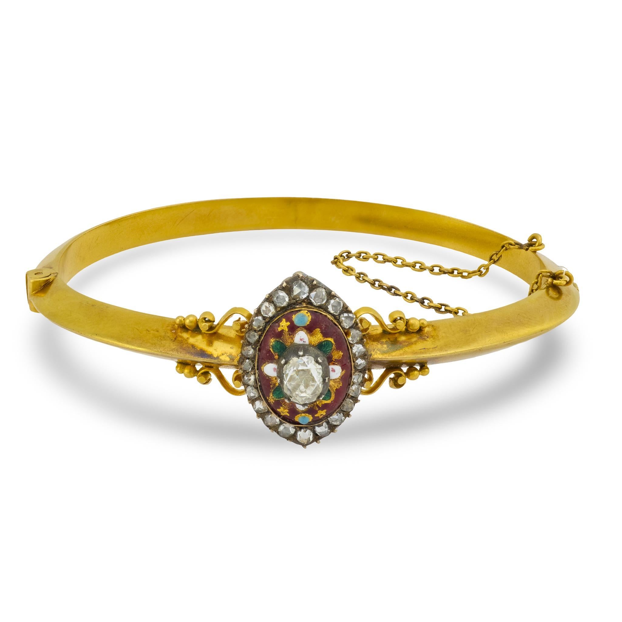 French Victorian diamond 18k yellow gold and enamel bracelet