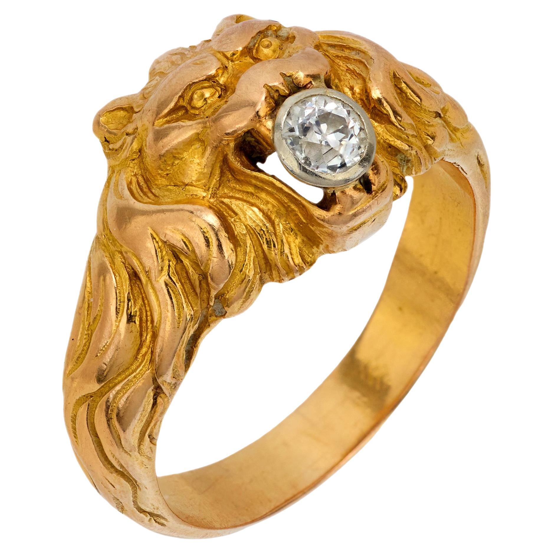 French Victorian diamond 18k yellow gold lion ring