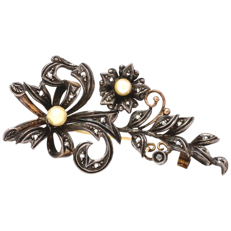 French Victorian Diamond and Pearl Brooch For Sale