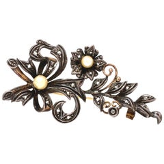 Antique French Victorian Diamond and Pearl Brooch