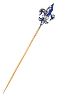 French Victorian Diamond Enamel 18 Karat Gold Fleur-De-Lis Antique Stickpin