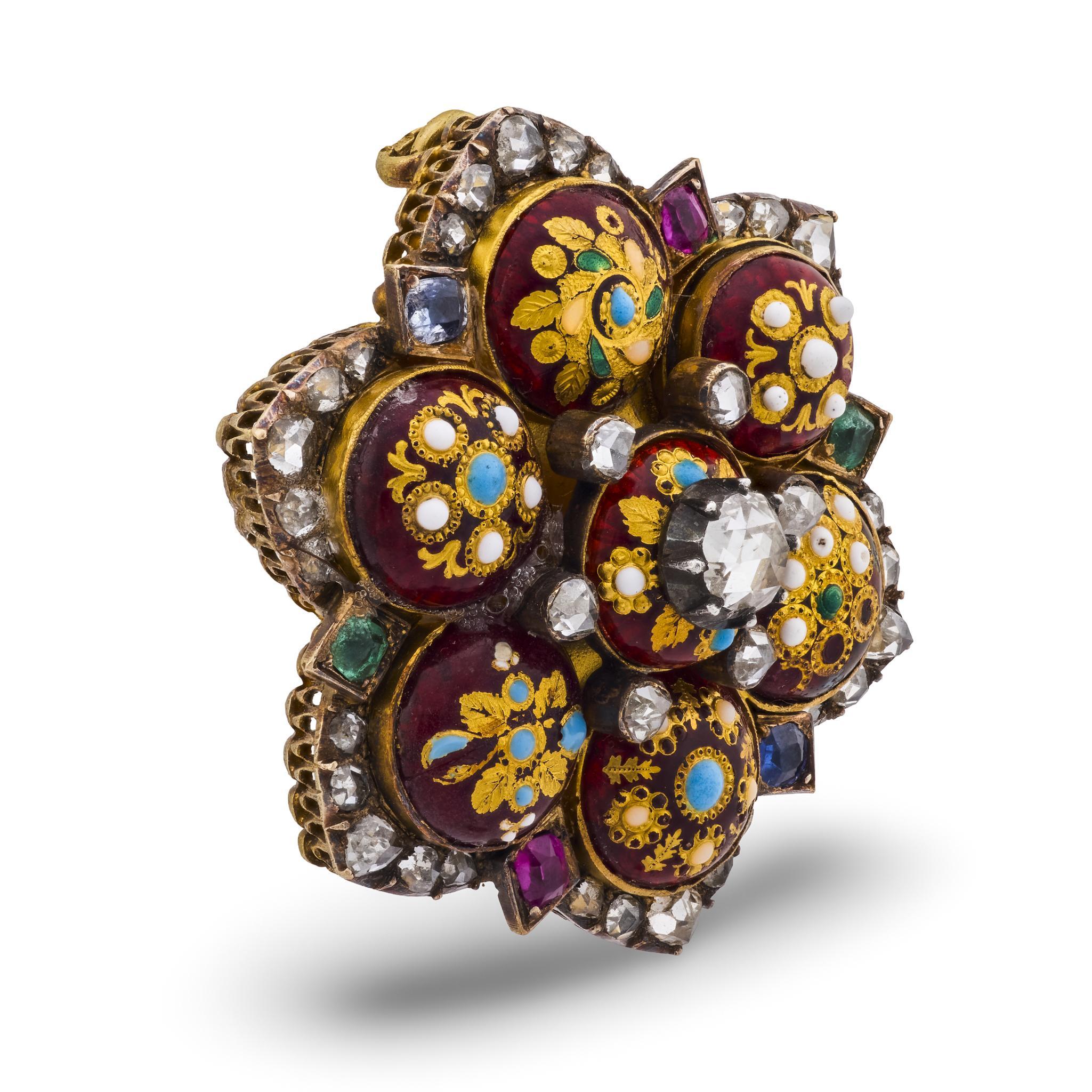 This exquisite Victorian pendant dazzles with colorful gemstones and shimmering rose cut diamonds, blending timeless French craftsmanship with regal 19th-century elegance.