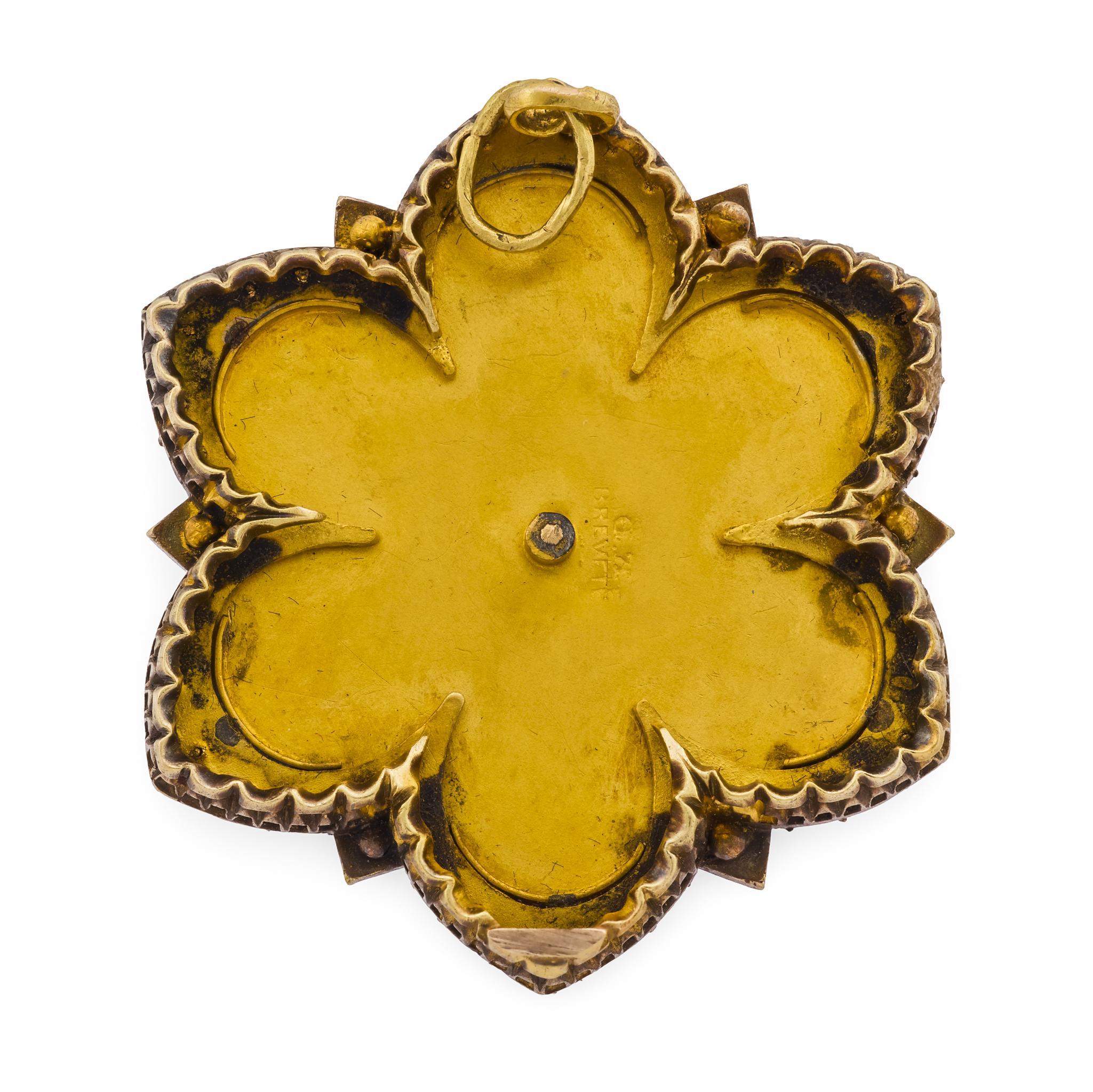 Rose Cut French Victorian diamond gemstone 18k yellow gold enamel pendant For Sale