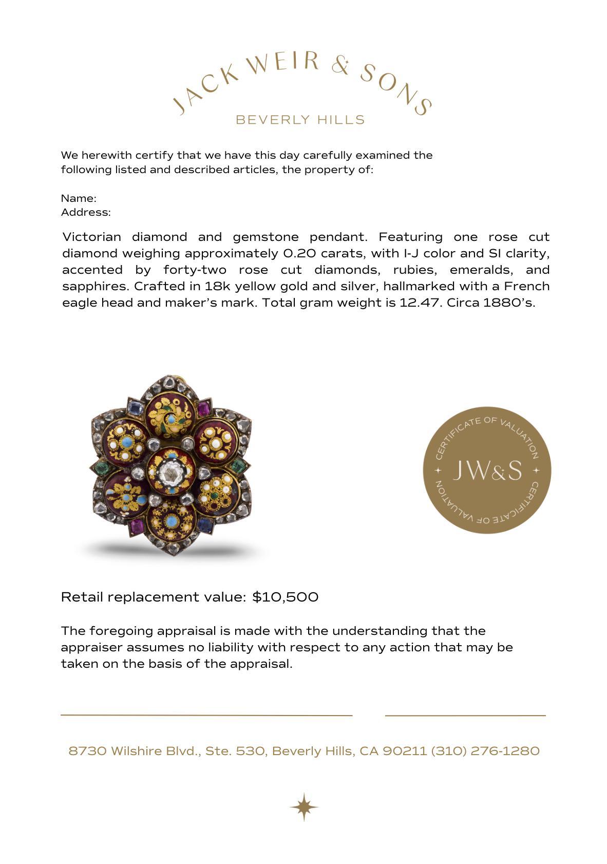 French Victorian diamond gemstone 18k yellow gold enamel pendant In Good Condition For Sale In Beverly Hills, CA