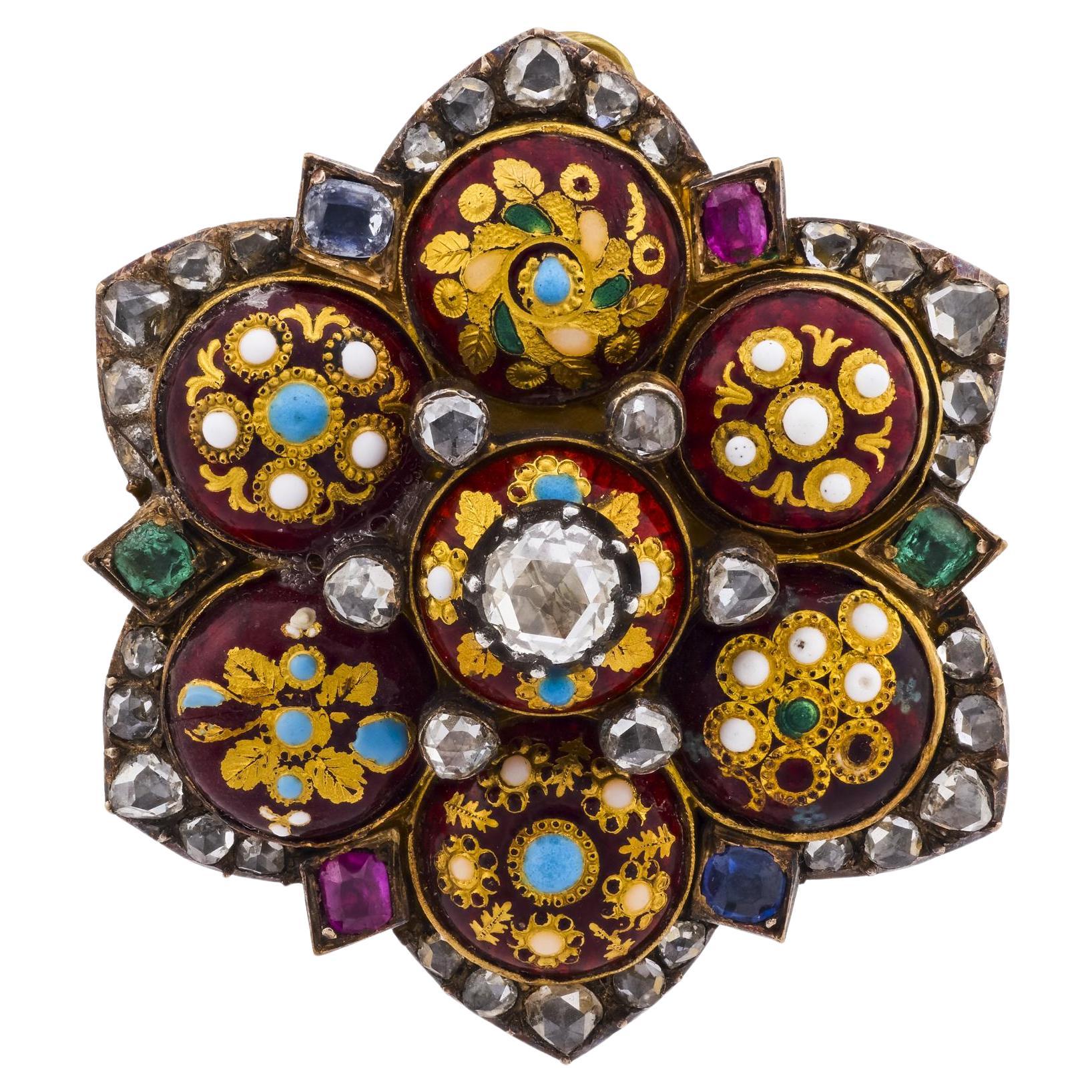 French Victorian diamond gemstone 18k yellow gold enamel pendant For Sale