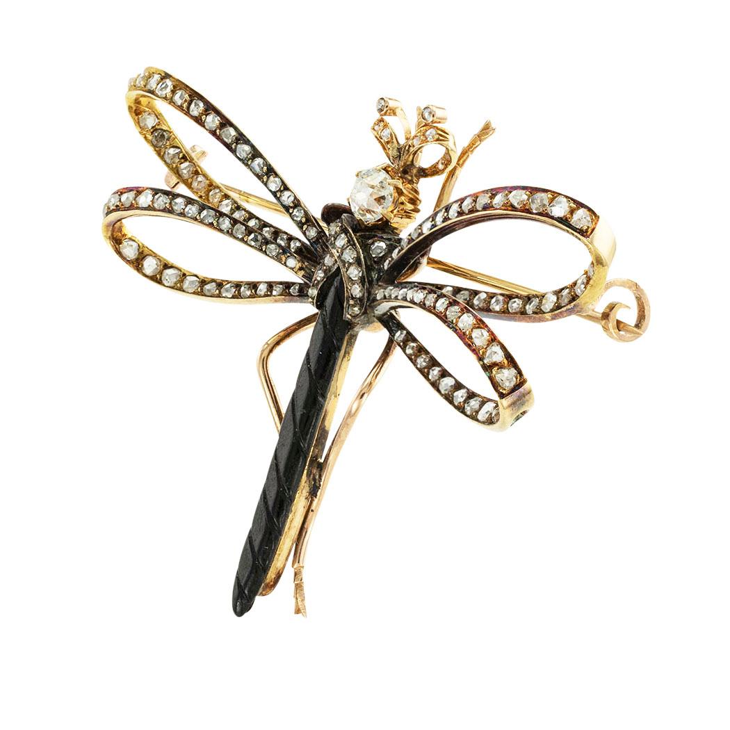 Victorian French diamond and gold dragonfly brooch circa 1890.  *

ABOUT THIS ITEM:  #P-DJ327E. Scroll down for detailed specifications.  This Victorian French-made diamond and gold dragonfly brooch is a truly exquisite piece of jewelry that