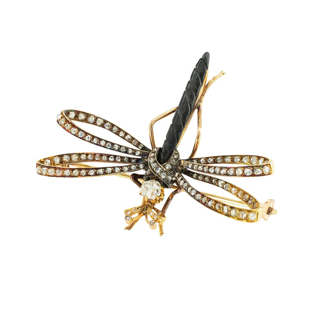 Rose Cut French Victorian Diamond Gold Dragonfly Brooch For Sale
