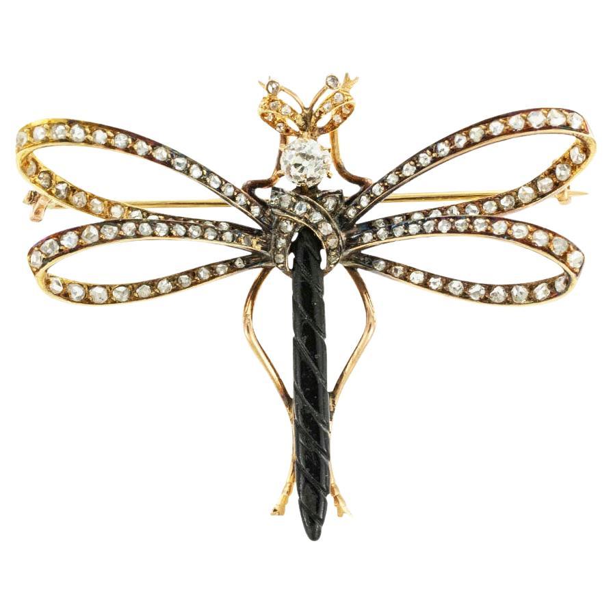 French Victorian Diamond Gold Dragonfly Brooch For Sale