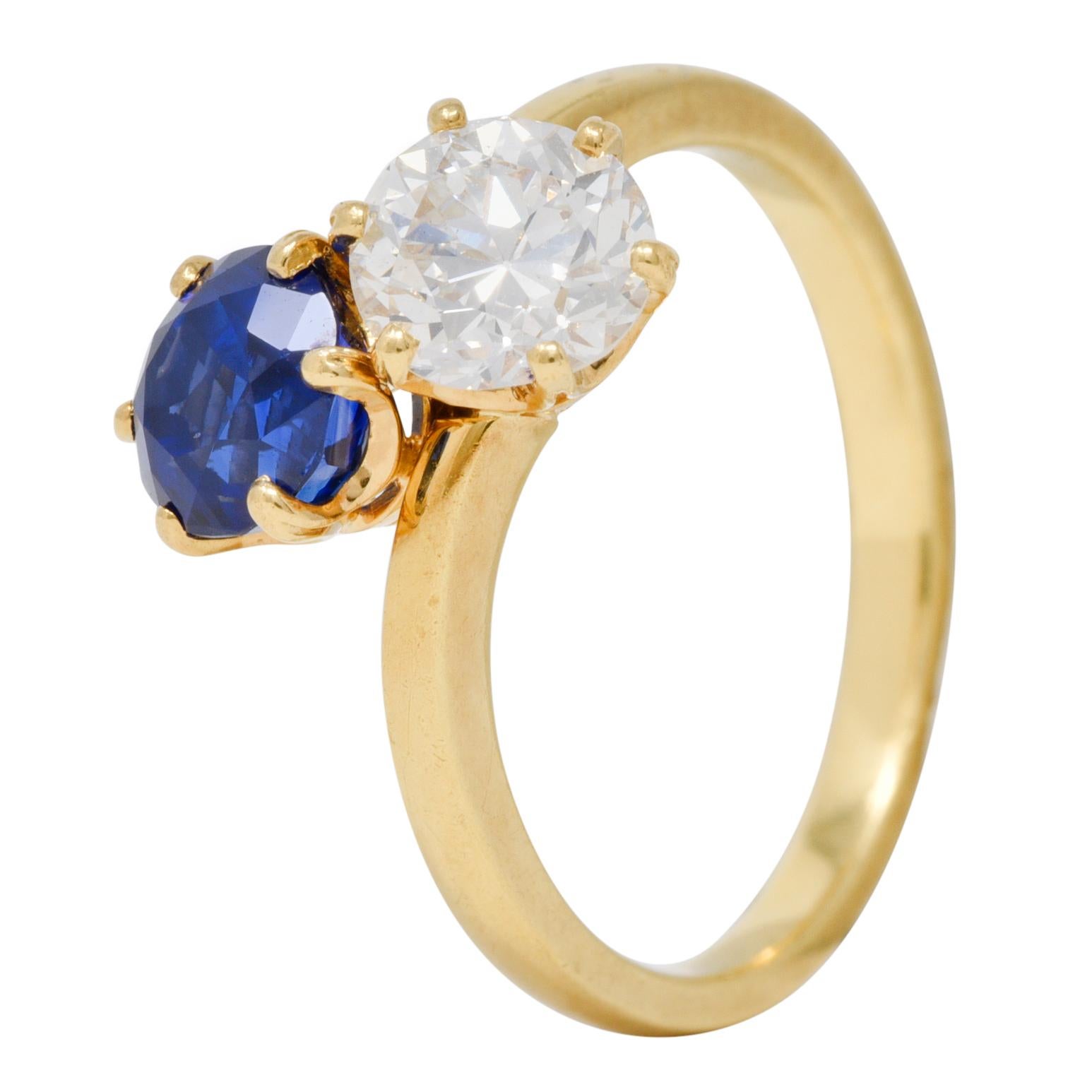 French Victorian Diamond Sapphire 2.04 CTW 18 Karat Gold Toi-Et-Moi Antique Ring 5