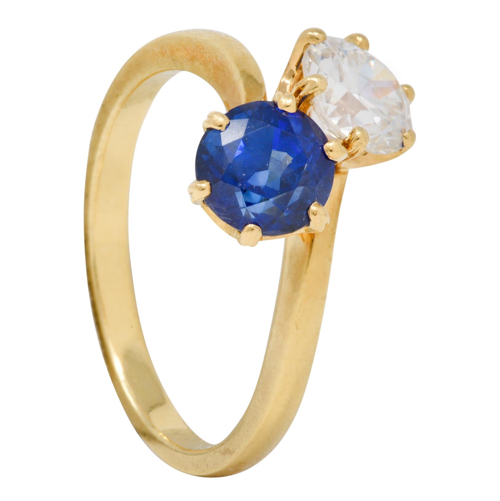French Victorian Diamond Sapphire 2.04 CTW 18 Karat Gold Toi-Et-Moi Antique Ring 6