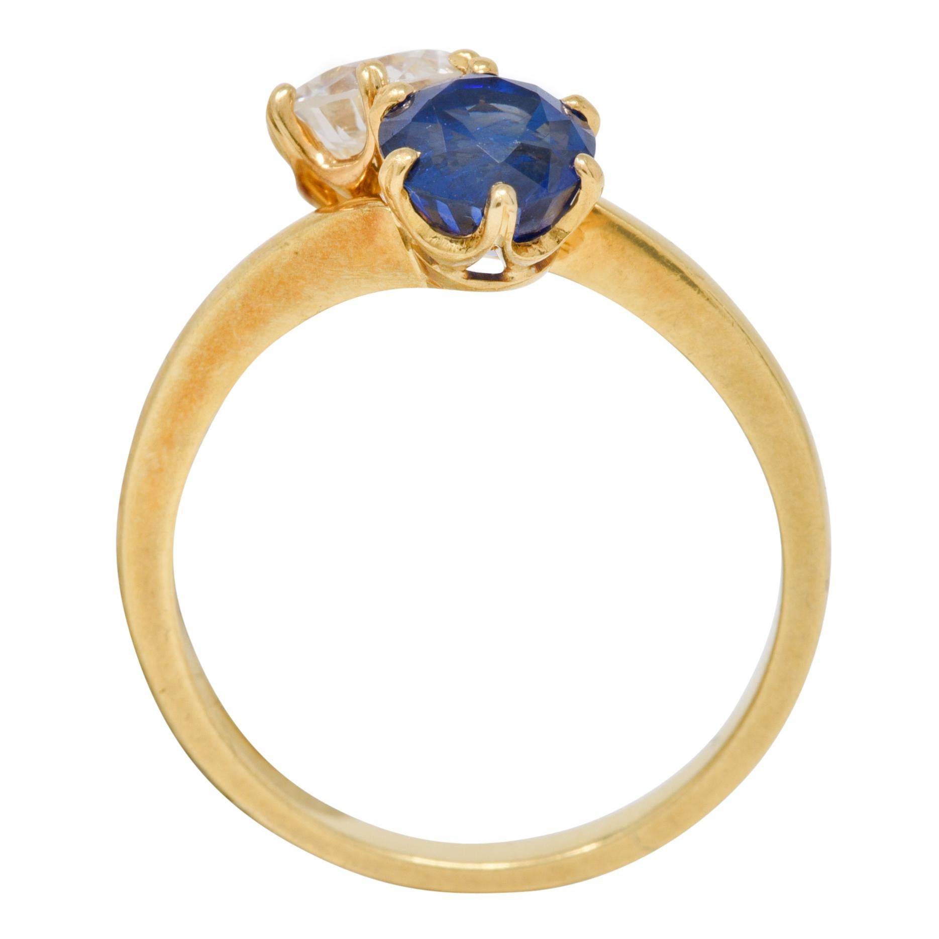 French Victorian Diamond Sapphire 2.04 CTW 18 Karat Gold Toi-Et-Moi Antique Ring 7