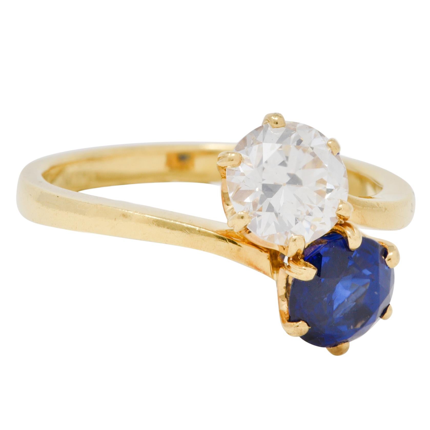 Old European Cut French Victorian Diamond Sapphire 2.04 CTW 18 Karat Gold Toi-Et-Moi Antique Ring