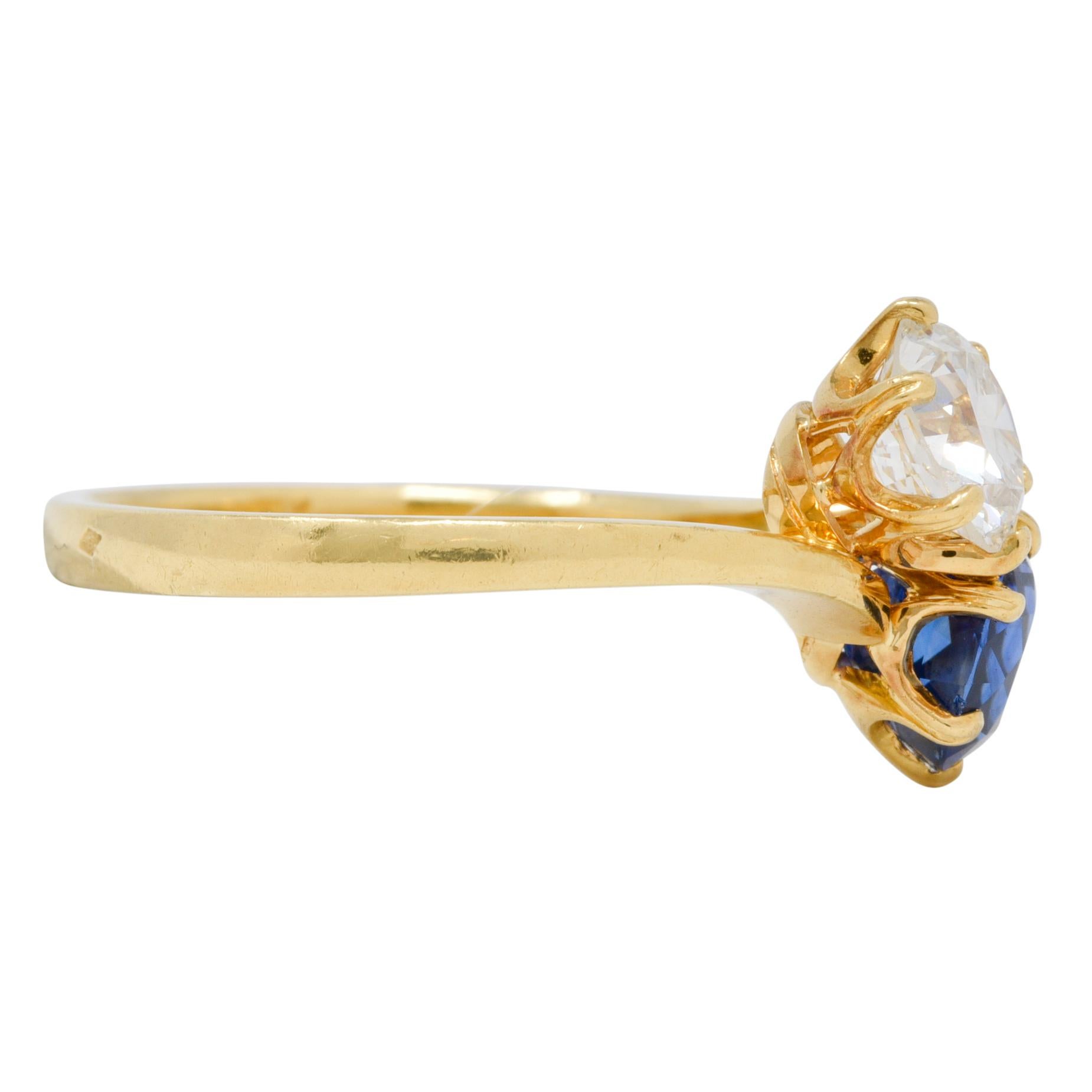 French Victorian Diamond Sapphire 2.04 CTW 18 Karat Gold Toi-Et-Moi Antique Ring In Excellent Condition In Philadelphia, PA