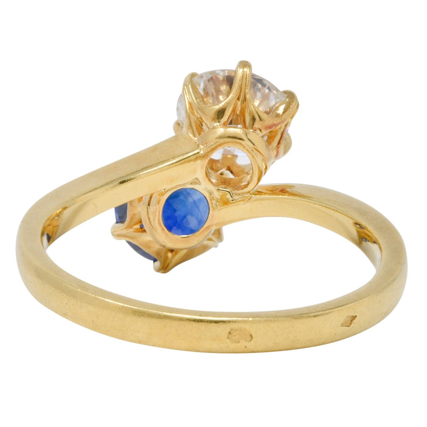 Women's or Men's French Victorian Diamond Sapphire 2.04 CTW 18 Karat Gold Toi-Et-Moi Antique Ring