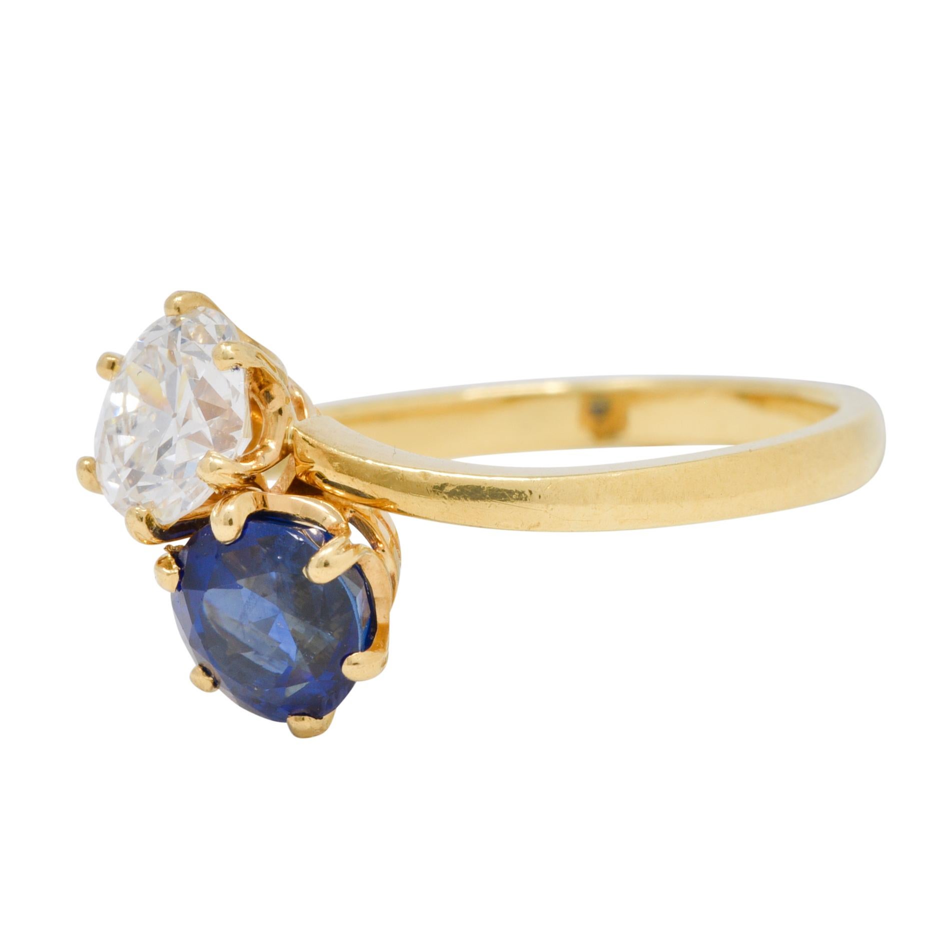 French Victorian Diamond Sapphire 2.04 CTW 18 Karat Gold Toi-Et-Moi Antique Ring 2