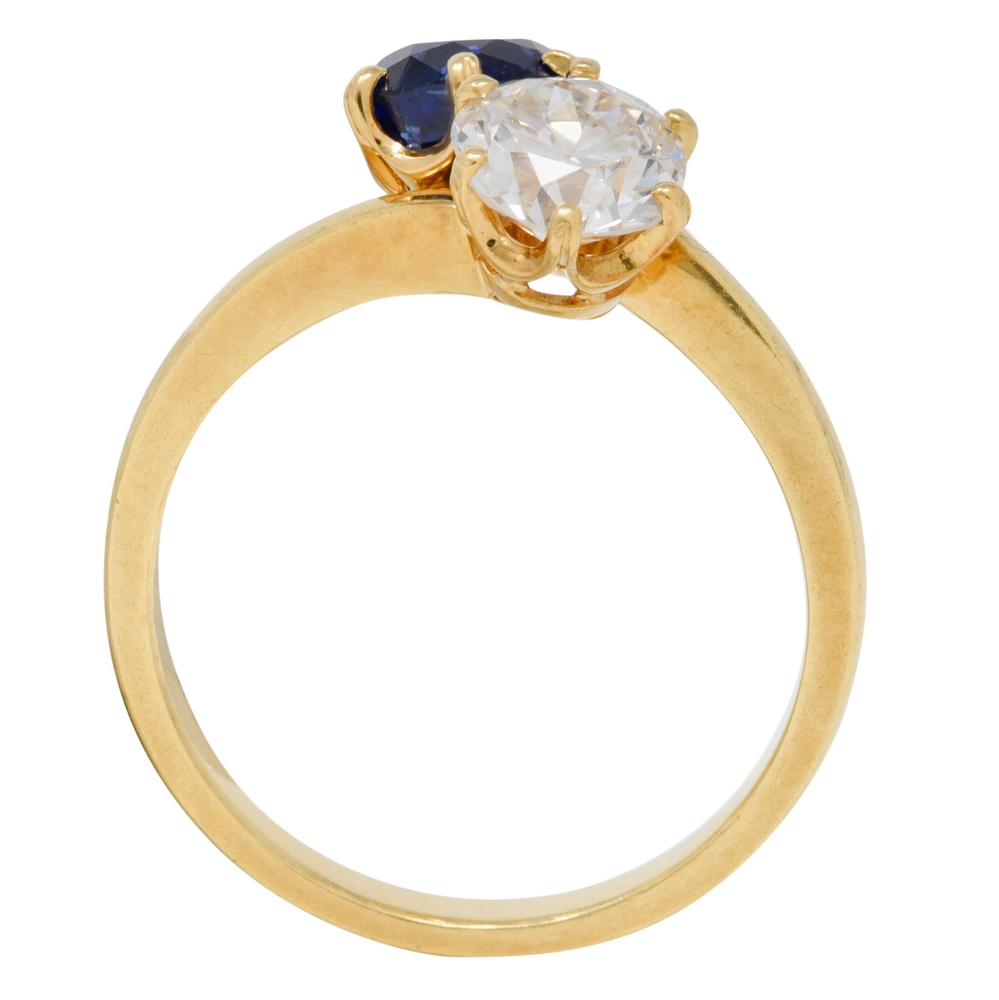 French Victorian Diamond Sapphire 2.04 CTW 18 Karat Gold Toi-Et-Moi Antique Ring 3