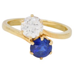 French Victorian Diamond Sapphire 2.04 CTW 18 Karat Gold Toi-Et-Moi Antique Ring
