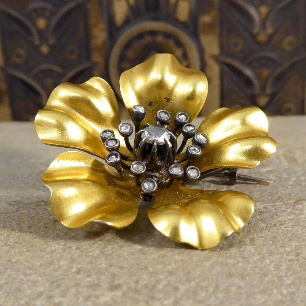 Late Victorian French Victorian Diamond Set Flower Brooch in 18 Carat Gold and Silver
