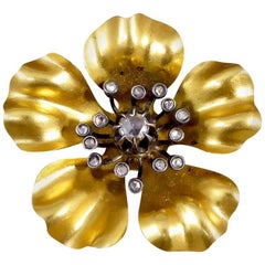 French Victorian Diamond Set Flower Brooch in 18 Carat Gold and Silver