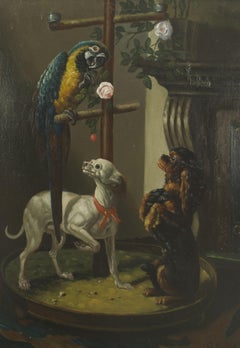 French Victorian Dogs and Parrot Oil Painting