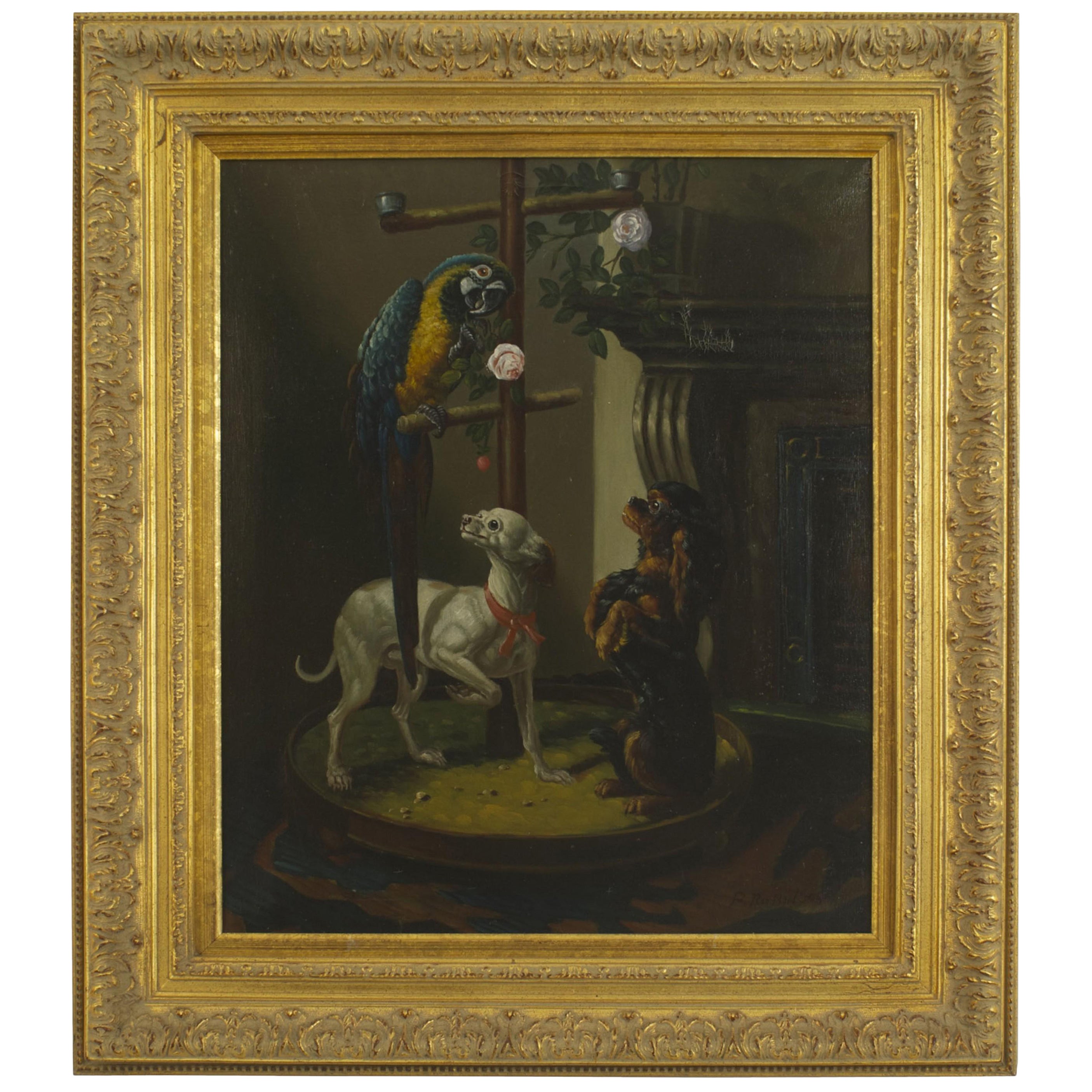 Französische viktorianische Hunde und Papagei Ölgemälde im Angebot