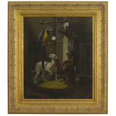 Antique French Victorian Dogs and Parrot Oil Painting