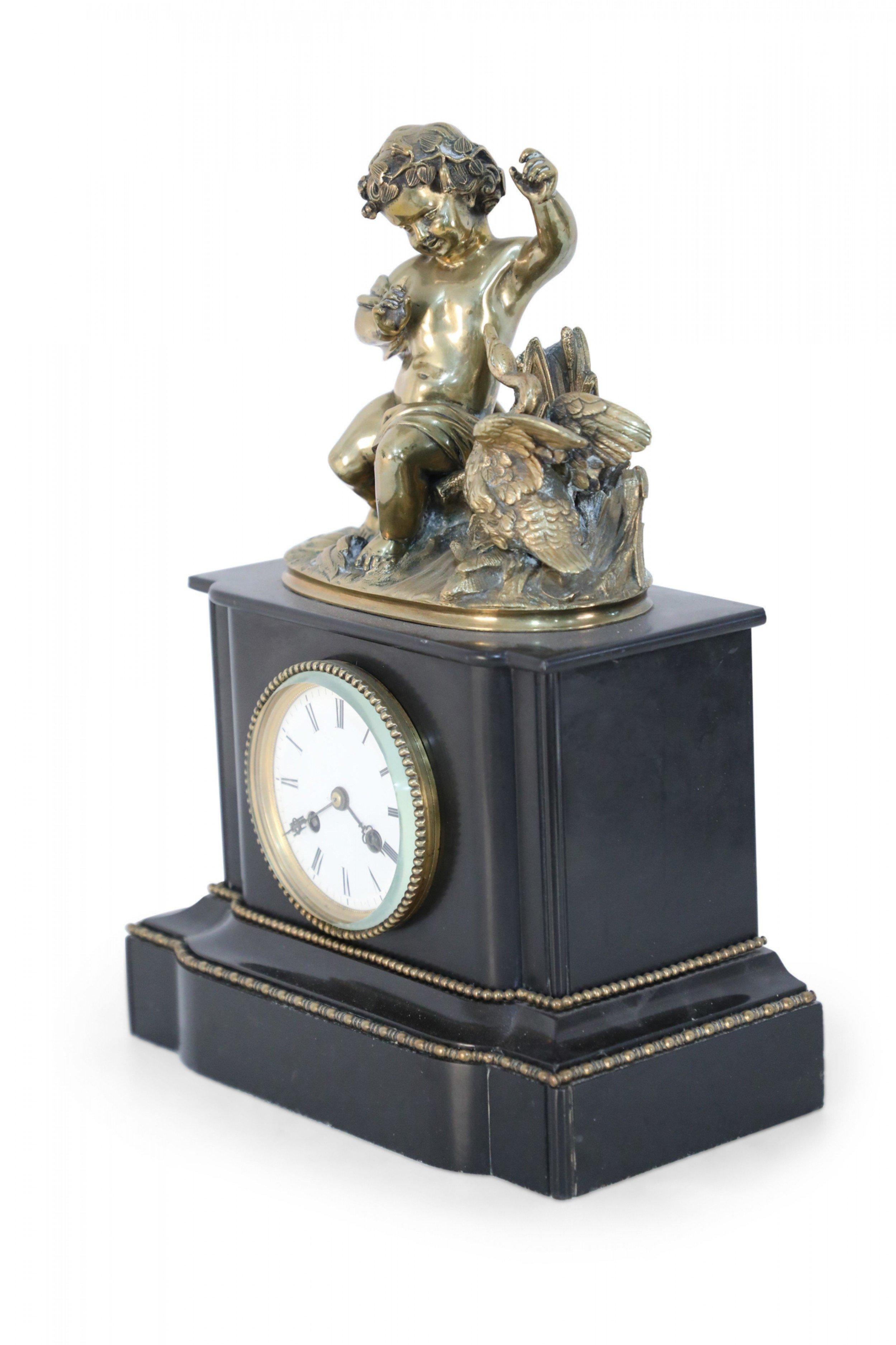 French Victorian Ebonized Allegorical Mantel Clock with Bronze Putti with Swan For Sale 5