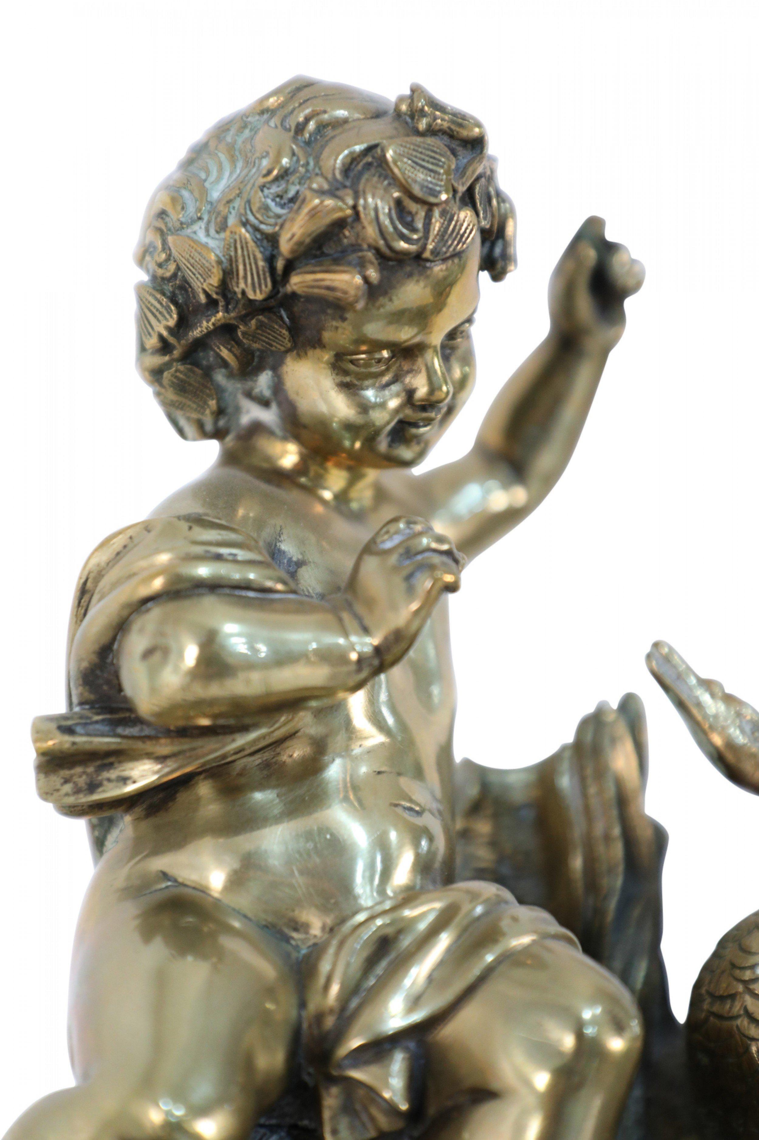 French Victorian Ebonized Allegorical Mantel Clock with Bronze Putti with Swan For Sale 6