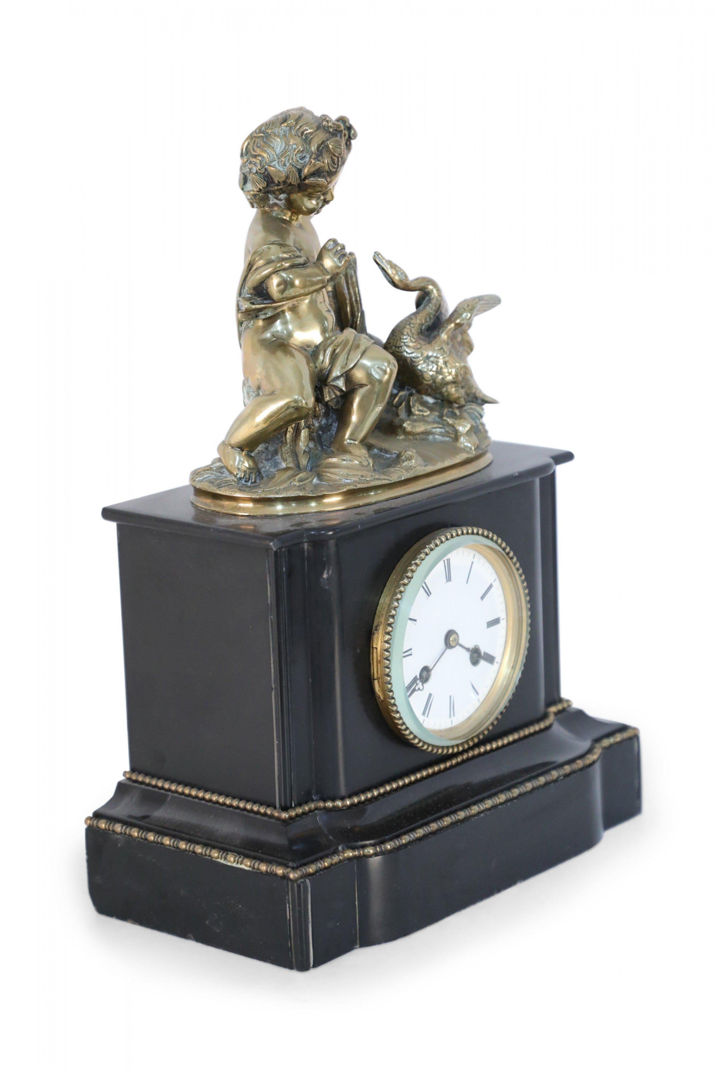 French Victorian Ebonized Allegorical Mantel Clock with Bronze Putti with Swan For Sale 7