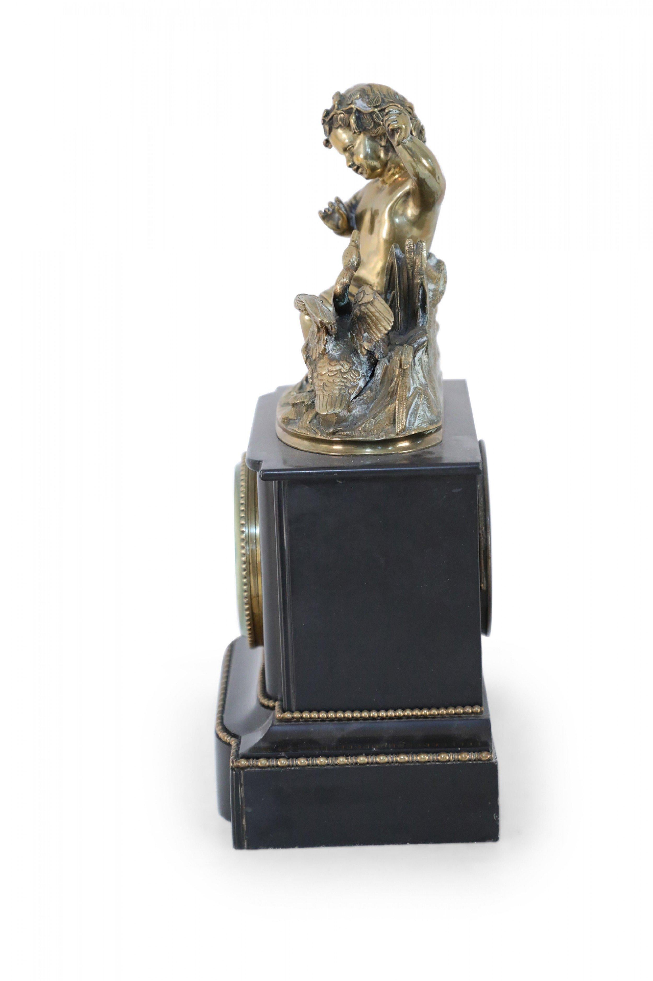 French Victorian Ebonized Allegorical Mantel Clock with Bronze Putti with Swan In Good Condition For Sale In Queens, NY