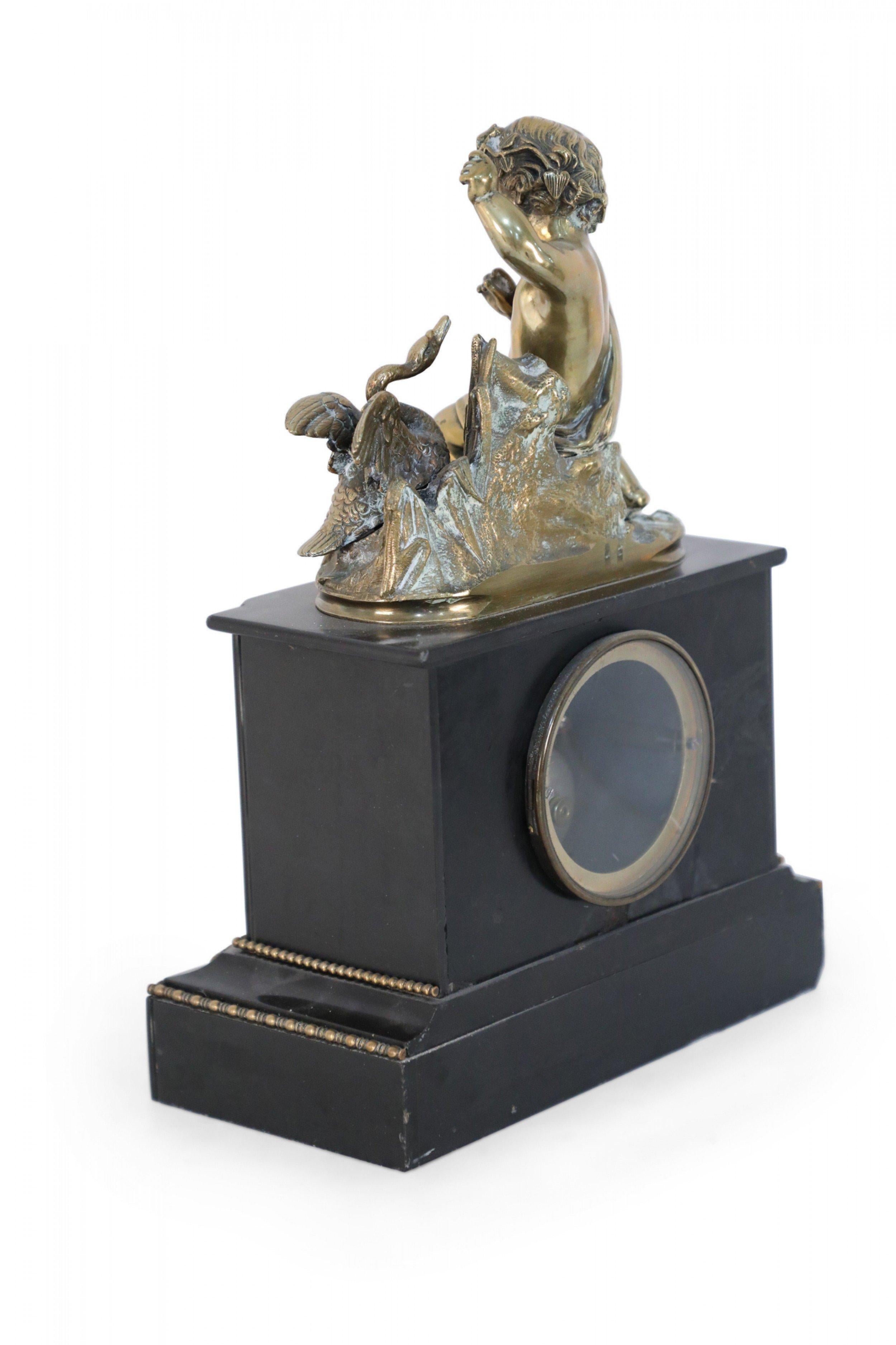 19th Century French Victorian Ebonized Allegorical Mantel Clock with Bronze Putti with Swan For Sale